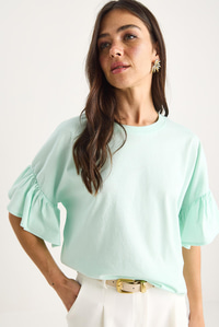 Kolları Fırfırlı Bisiklet Yaka Pamuklu T-Shirt 60602074 - Su Yeşili
