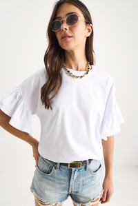 Kolları Fırfırlı Bisiklet Yaka Pamuklu T-Shirt 60602074 - Beyaz