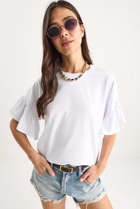 Kolları Fırfırlı Bisiklet Yaka Pamuklu T-Shirt 60602074 - Beyaz