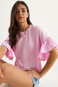 Kolları Fırfırlı Bisiklet Yaka Pamuklu T-Shirt 60602074 - Şeker Pembe