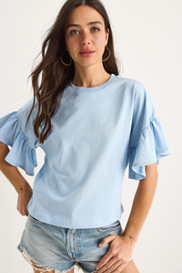 Kolları Fırfırlı Bisiklet Yaka Pamuklu T-Shirt 60602074 - Bebe Mavisi