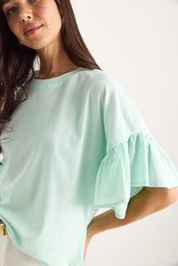 Kolları Fırfırlı Bisiklet Yaka Pamuklu T-Shirt 60602074 - Su Yeşili