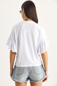 Kolları Fırfırlı Bisiklet Yaka Pamuklu T-Shirt 60602074 - Beyaz