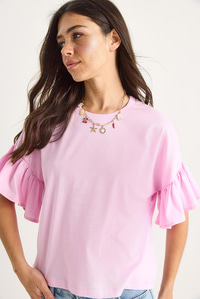 Kolları Fırfırlı Bisiklet Yaka Pamuklu T-Shirt 60602074 - Şeker Pembe