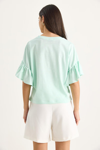 Kolları Fırfırlı Bisiklet Yaka Pamuklu T-Shirt 60602074 - Su Yeşili