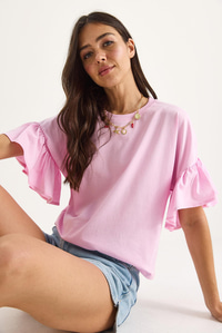 Kolları Fırfırlı Bisiklet Yaka Pamuklu T-Shirt 60602074 - Şeker Pembe