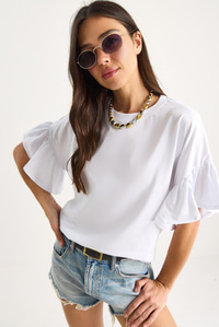 Kolları Fırfırlı Bisiklet Yaka Pamuklu T-Shirt 60602074 - Beyaz