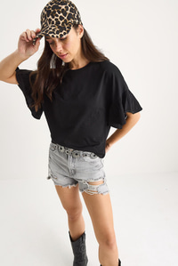 Kolları Fırfırlı Bisiklet Yaka Pamuklu T-Shirt 60602074 - Siyah