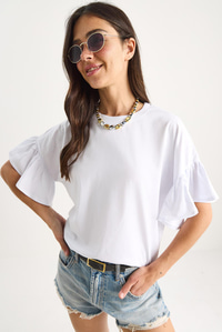 Kolları Fırfırlı Bisiklet Yaka Pamuklu T-Shirt 60602074 - Beyaz