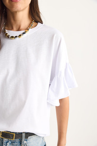 Kolları Fırfırlı Bisiklet Yaka Pamuklu T-Shirt 60602074 - Beyaz