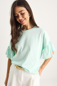 Kolları Fırfırlı Bisiklet Yaka Pamuklu T-Shirt 60602074 - Su Yeşili