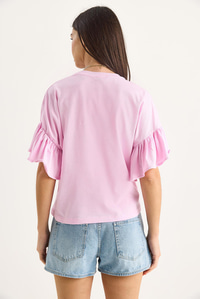 Kolları Fırfırlı Bisiklet Yaka Pamuklu T-Shirt 60602074 - Şeker Pembe
