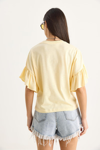 Kolları Fırfırlı Bisiklet Yaka Pamuklu T-Shirt 60602074 - Tereyağ