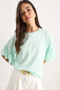 Kolları Fırfırlı Bisiklet Yaka Pamuklu T-Shirt 60602074 - Su Yeşili