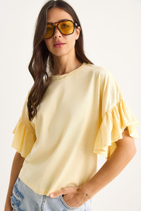 Kolları Fırfırlı Bisiklet Yaka Pamuklu T-Shirt 60602074 - Tereyağ