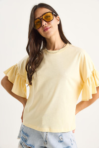 Kolları Fırfırlı Bisiklet Yaka Pamuklu T-Shirt 60602074 - Tereyağ