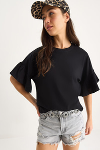 Kolları Fırfırlı Bisiklet Yaka Pamuklu T-Shirt 60602074 - Siyah