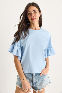 Kolları Fırfırlı Bisiklet Yaka Pamuklu T-Shirt 60602074 - Bebe Mavisi