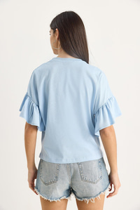 Kolları Fırfırlı Bisiklet Yaka Pamuklu T-Shirt 60602074 - Bebe Mavisi