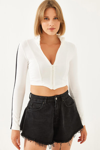 Kolları Şeritli Crop Hırka 2171 60351077 - Beyaz HIRKA modelleri