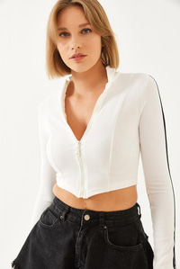 Kolları Şeritli Crop Hırka 2171 60351077 - Beyaz HIRKA modelleri