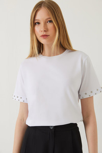 Kolları Taş İşlemeli Tshirt 60602002 - Beyaz
