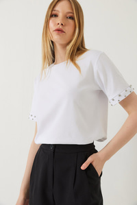Kolları Taş İşlemeli Tshirt 60602002 - Beyaz