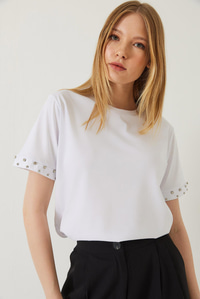 Kolları Taş İşlemeli Tshirt 60602002 - Beyaz