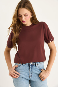 Kolları Taş İşlemeli Tshirt 60602002 - Kahve