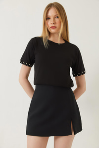 Kolları Taş İşlemeli Tshirt 60602002 - Siyah