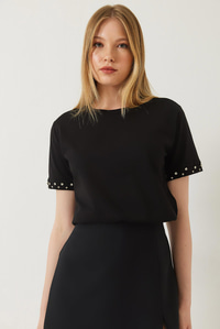 Kolları Taş İşlemeli Tshirt 60602002 - Siyah