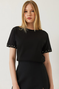 Kolları Taş İşlemeli Tshirt 60602002 - Siyah