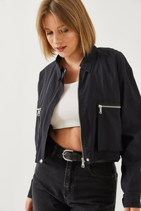 Körük Cepli Paraşüt Kumaş Crop Ceket 2403 60351152 - Siyah CEKET modelleri
