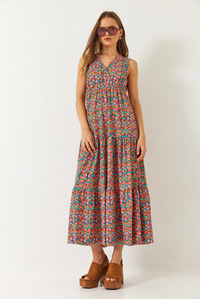 Kruvaze Yaka Kolsuz Çiçek Desenli Maxi Elbise 60261463 - Çok Renkli
