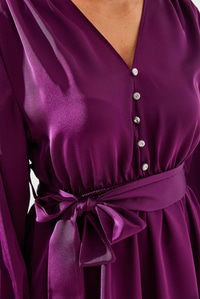 Kuşaklı Düğme Detaylı Saten Elbise MBMS003 60501003 - Mor