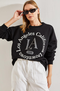 La Baskılı Üç İplik Şardonlu Sweatshirt - Siyah SWEATSHİRT modelleri
