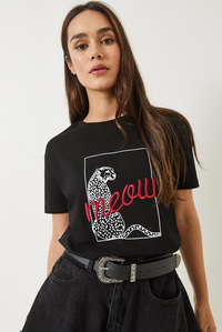 Leopar Baskılı Nakış Detaylı Kısa Kollu T-Shirt 60602018 - Siyah