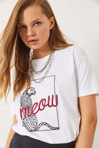 Leopar Baskılı Nakış Detaylı Kısa Kollu T-Shirt 60602018 - Beyaz