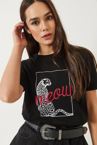 Leopar Baskılı Nakış Detaylı Kısa Kollu T-Shirt 60602018 - Siyah