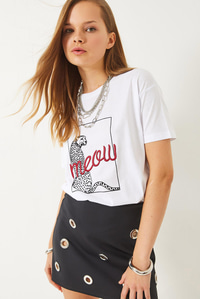Leopar Baskılı Nakış Detaylı Kısa Kollu T-Shirt 60602018 - Beyaz