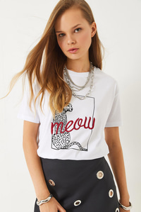 Leopar Baskılı Nakış Detaylı Kısa Kollu T-Shirt 60602018 - Beyaz