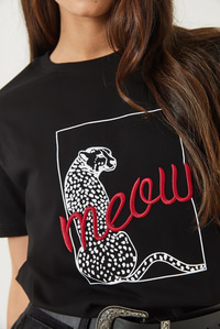 Leopar Baskılı Nakış Detaylı Kısa Kollu T-Shirt 60602018 - Siyah