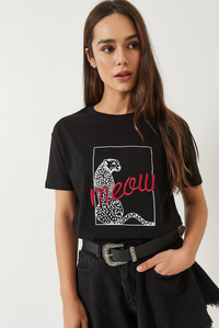 Leopar Baskılı Nakış Detaylı Kısa Kollu T-Shirt 60602018 - Siyah