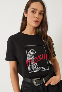 Leopar Baskılı Nakış Detaylı Kısa Kollu T-Shirt 60602018 - Siyah