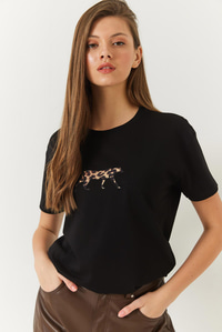 Leopar Baskılı Tshirt 60602006 - Siyah