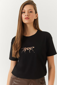 Leopar Baskılı Tshirt 60602006 - Siyah