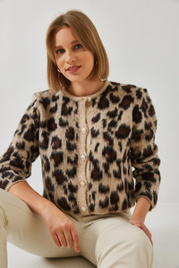 Leopar Desenli Düğmeli Triko Hırka 24393 60351277 - Bej-Siyah
