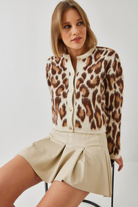 Leopar Desenli Düğmeli Triko Hırka 8007 60351278 - Ekru-Camel