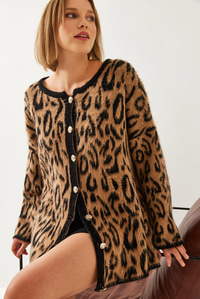 Leopar Desenli Oversize Triko Hırka 60351259 - Camel