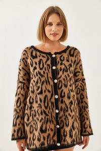 Leopar Desenli Oversize Triko Hırka 60351259 - Camel